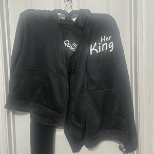 Black Couple Hoodies with 'Her King' and 'His Queen' Print